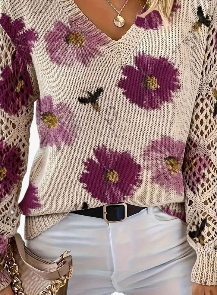 Women's Floral Knit V-Neck Crochet Sleeve Pullover Sweater