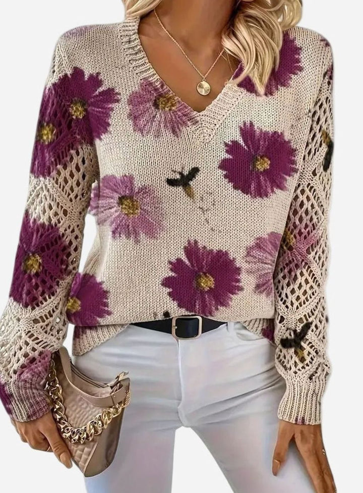 Women's Floral Knit V-Neck Crochet Sleeve Pullover Sweater