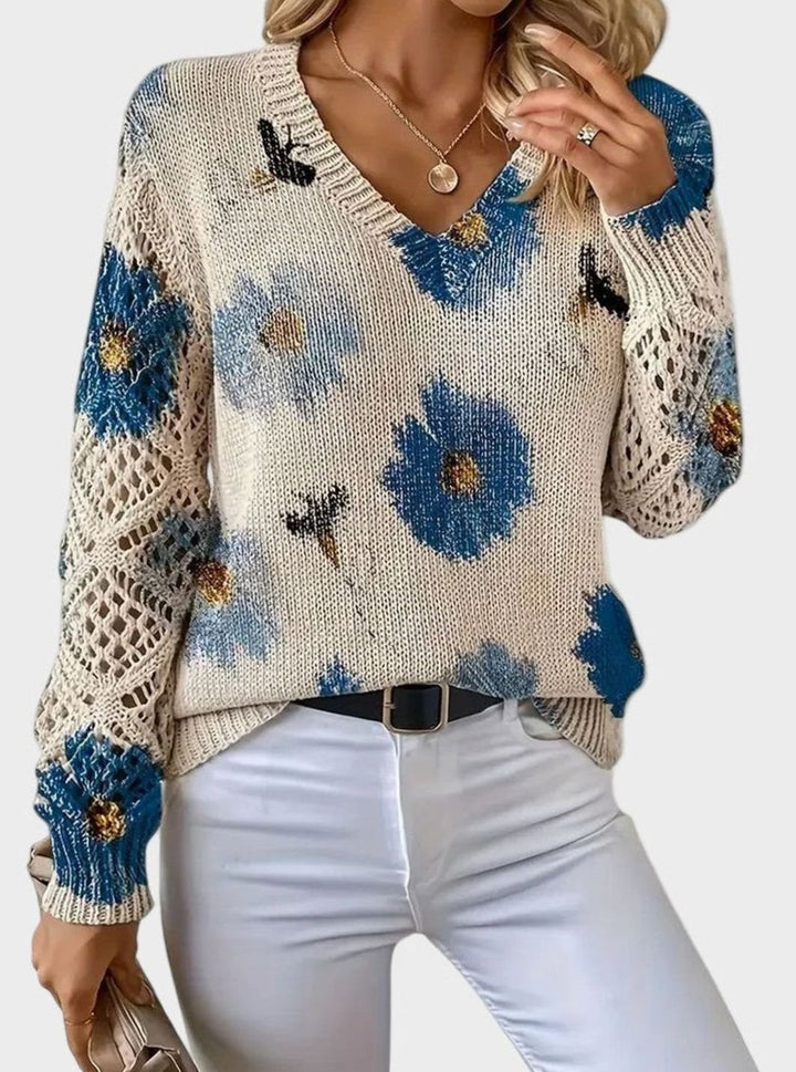 Women's Floral Knit V-Neck Crochet Sleeve Pullover Sweater
