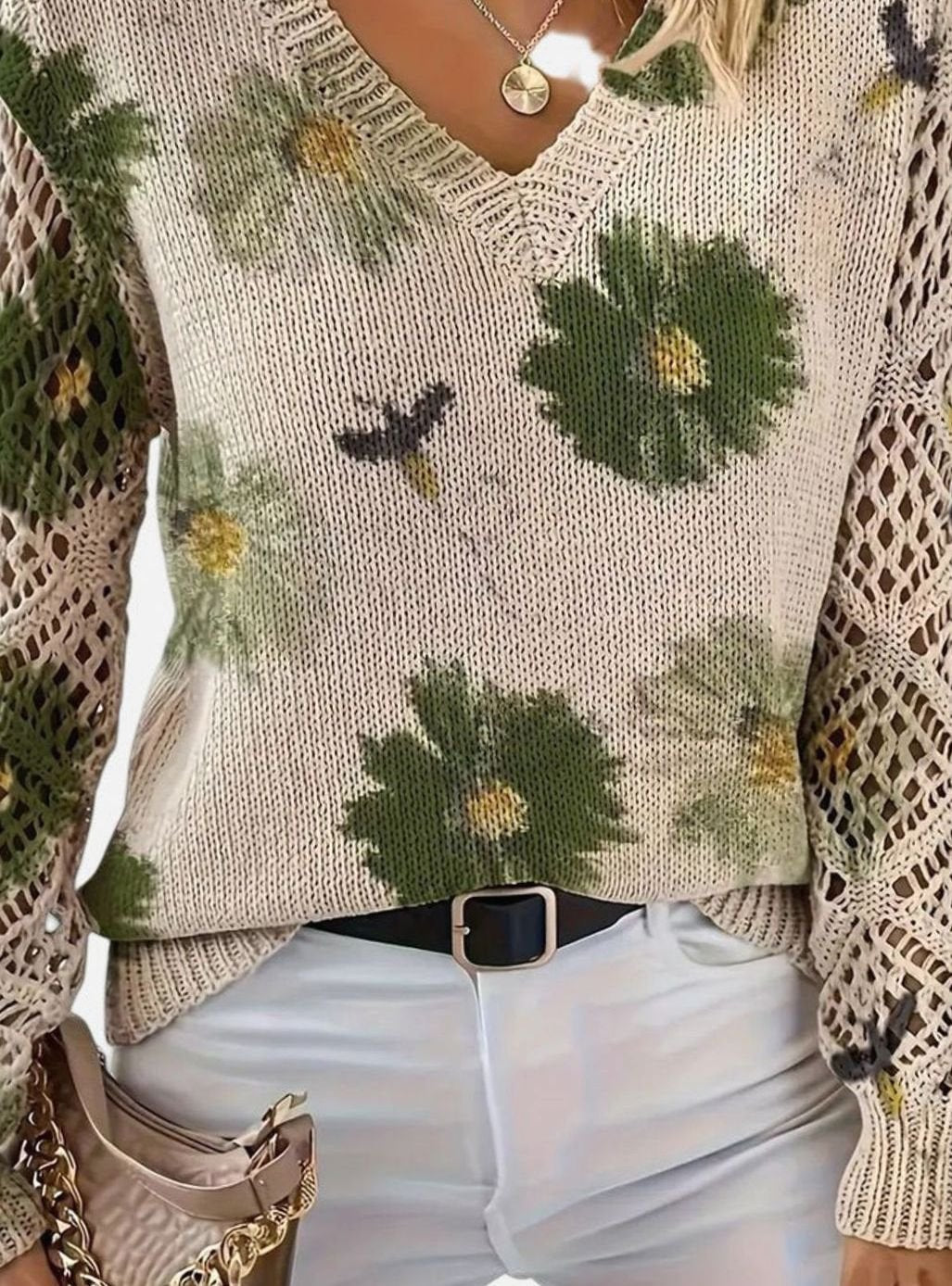 Women's Floral Knit V-Neck Crochet Sleeve Pullover Sweater