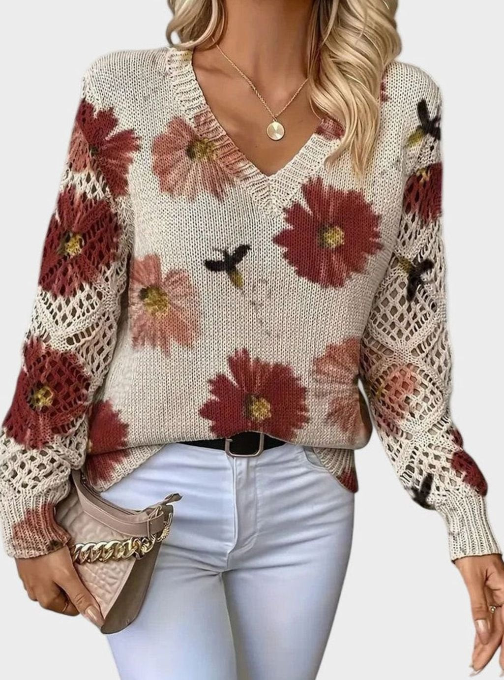 Women's Floral Knit V-Neck Crochet Sleeve Pullover Sweater - Red