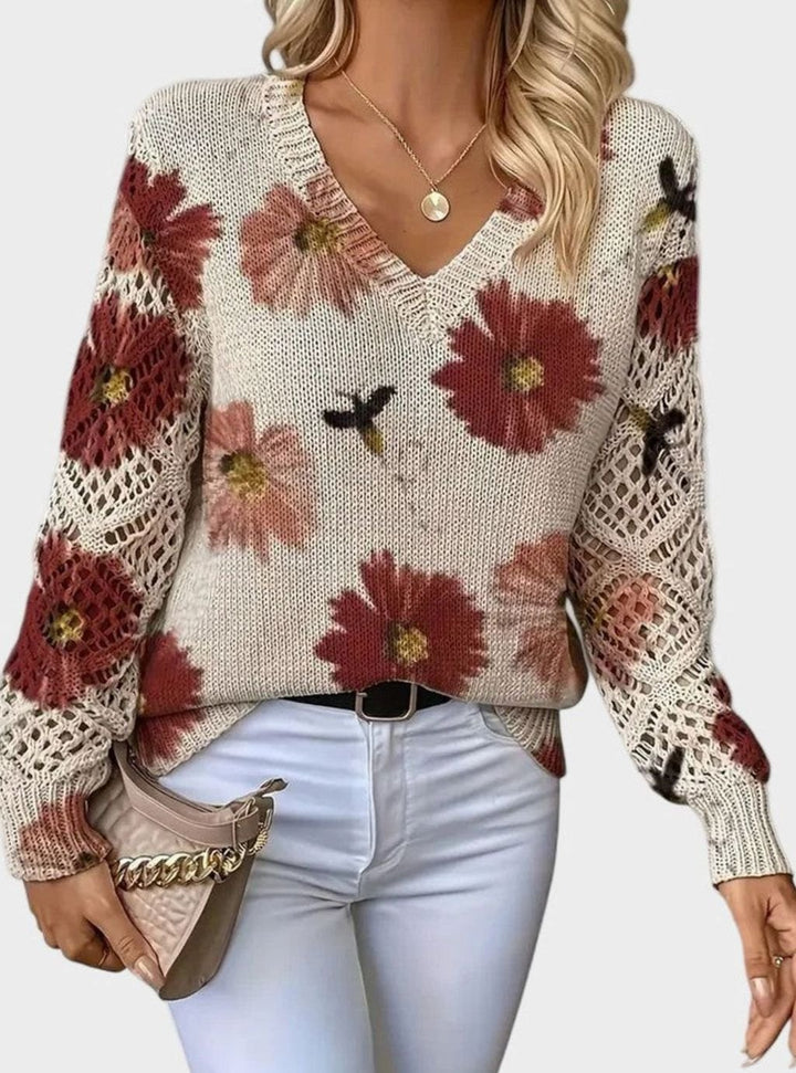 Women's Floral Knit V-Neck Crochet Sleeve Pullover Sweater - Red
