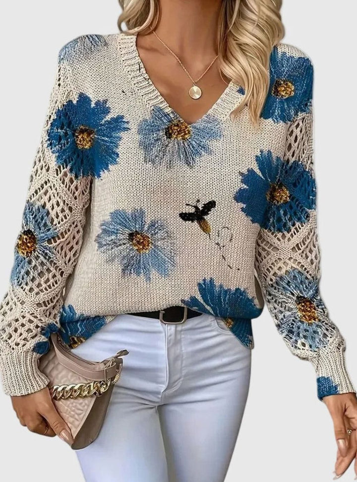 Women's Floral Knit V-Neck Crochet Sleeve Pullover Sweater - Blue