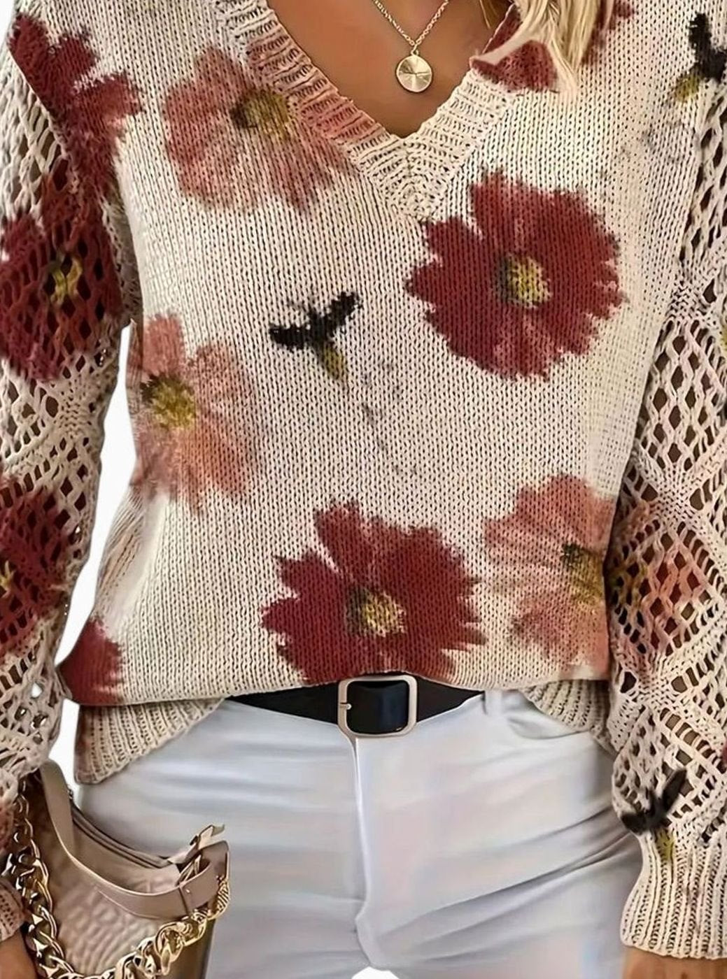 Women's Floral Knit V-Neck Crochet Sleeve Pullover Sweater