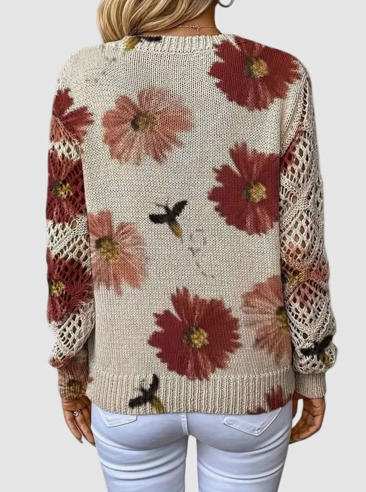 Women's Floral Knit V-Neck Crochet Sleeve Pullover Sweater