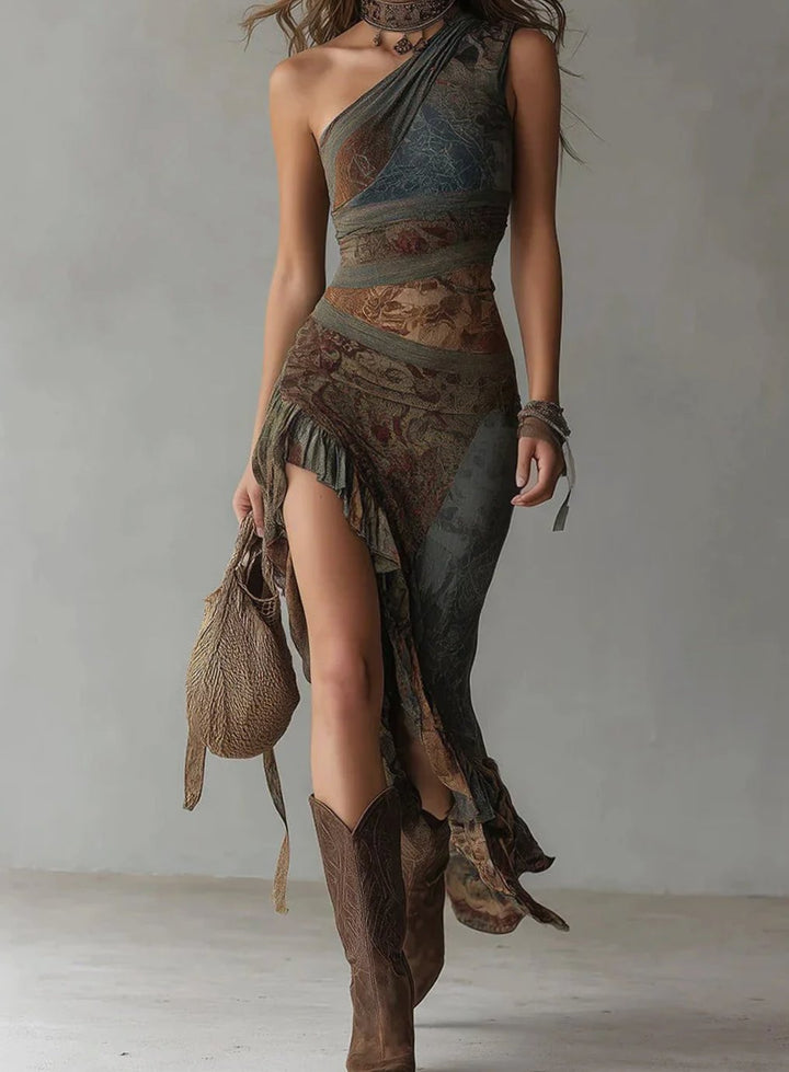 Women's Floral Maxi Dress One-Shoulder Asymmetric Ruffled High Slit - Brown