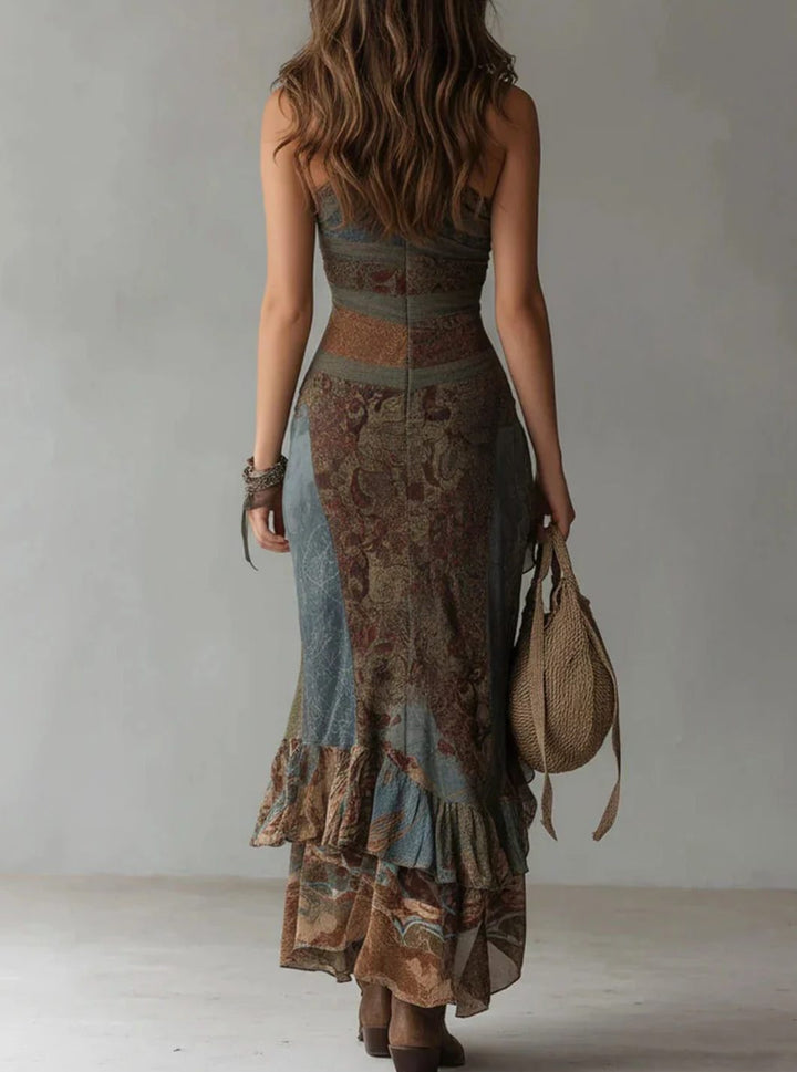 Women's Floral Maxi Dress One-Shoulder Asymmetric Ruffled High Slit