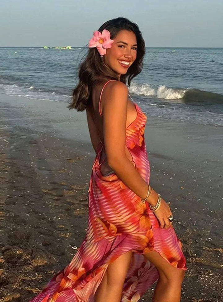Women's Floral Maxi Dress Spaghetti-Strap Side-Slit Long Sundress