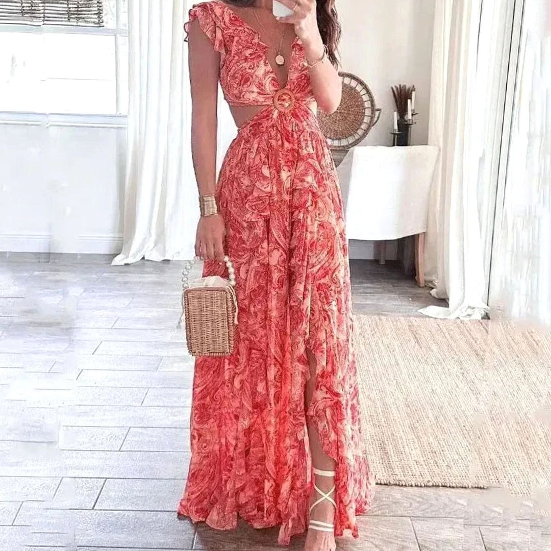 Women's Floral Maxi Dress V-Neck Cutout Ruffle Sundress - Red