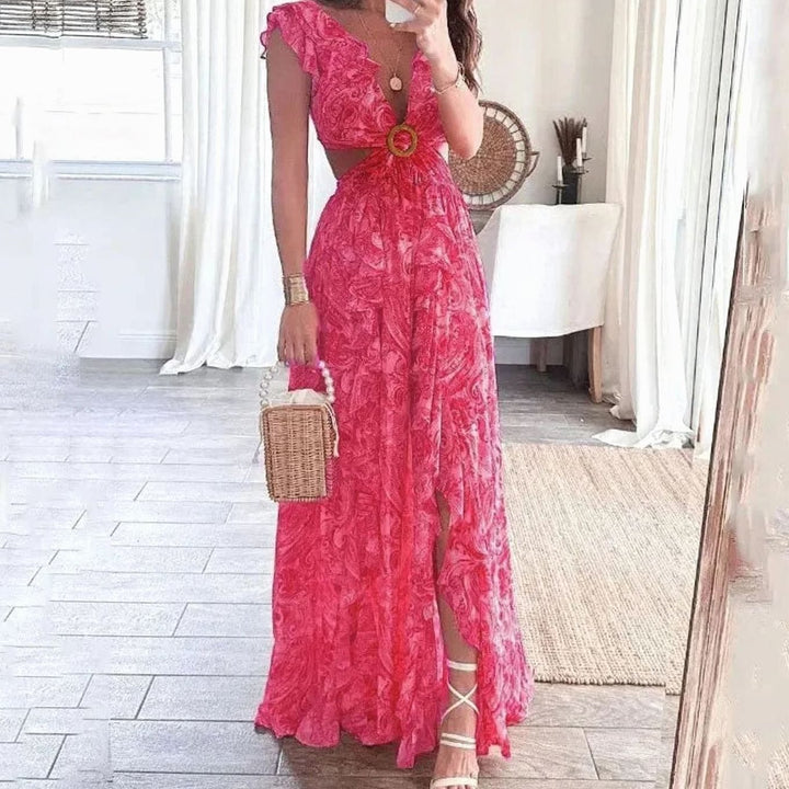 Women's Floral Maxi Dress V-Neck Cutout Ruffle Sundress - Pink