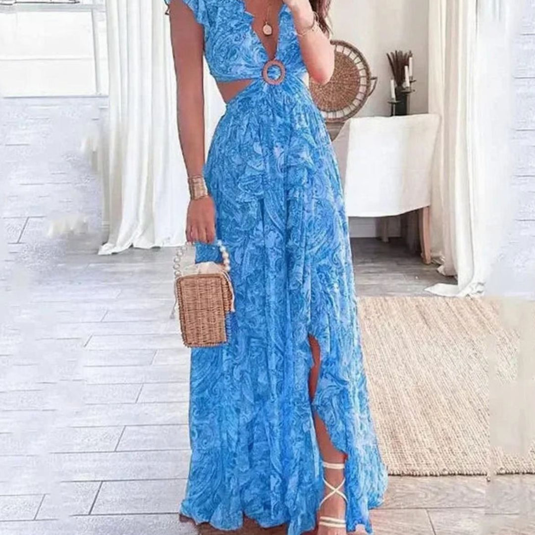 Women's Floral Maxi Dress V-Neck Cutout Ruffle Sundress - Blue