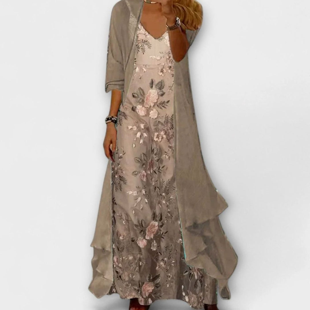 Women's Floral Maxi Long Sleeve Dress Two-Piece Set - Beige