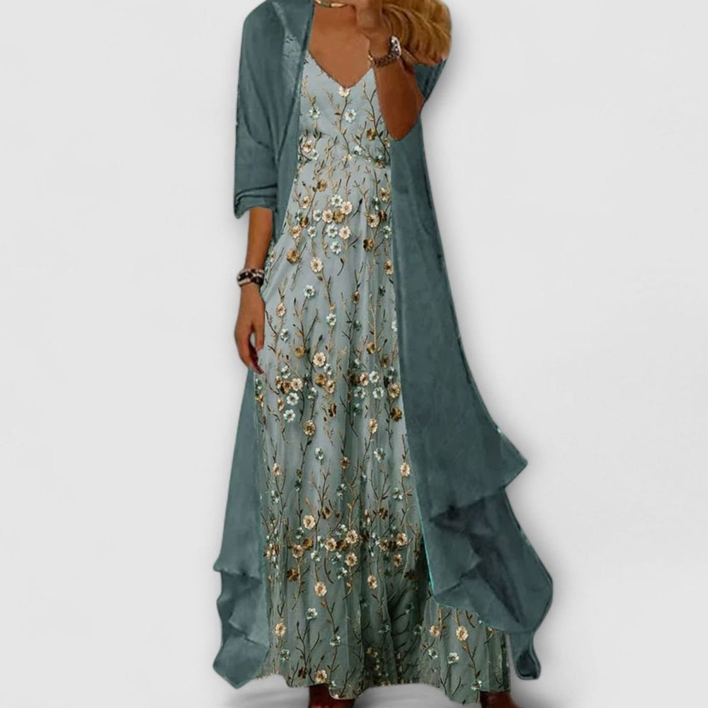 Women's Floral Maxi Long Sleeve Dress Two-Piece Set - Blue