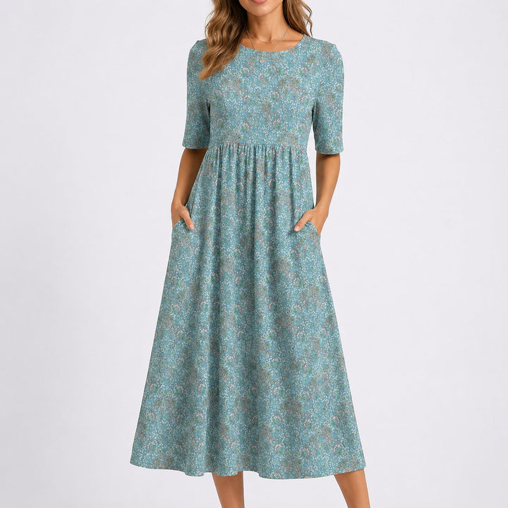 Women's Floral Midi Fall Wedding Guest Dress Gathered Waist