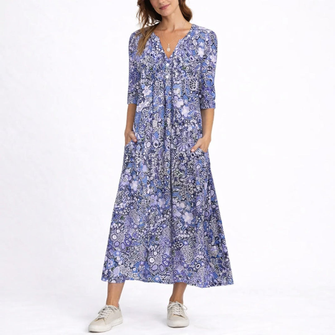 Women's Floral Midi Fall Wedding Guest Dresses V-Neck Three-Quarter Sleeve - Blue
