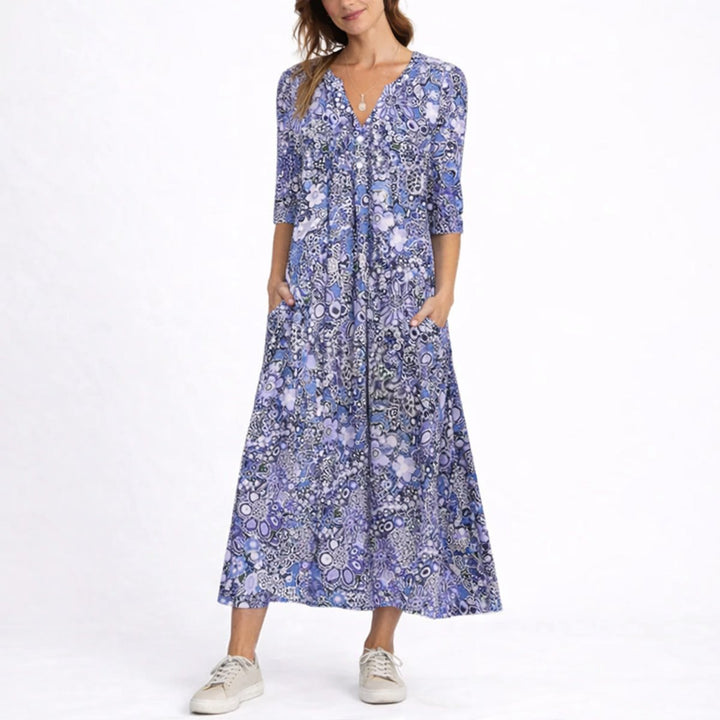 Women's Floral Midi Fall Wedding Guest Dresses V-Neck Three-Quarter Sleeve - Blue