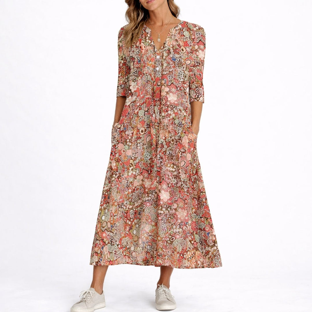 Women's Floral Midi Fall Wedding Guest Dresses V-Neck Three-Quarter Sleeve - Red