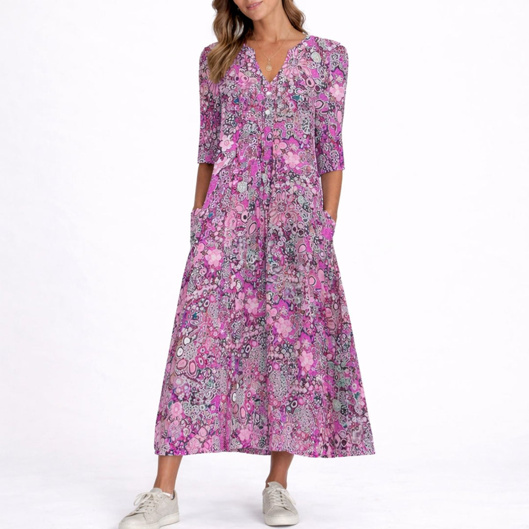 Women's Floral Midi Fall Wedding Guest Dresses V-Neck Three-Quarter Sleeve - Purple
