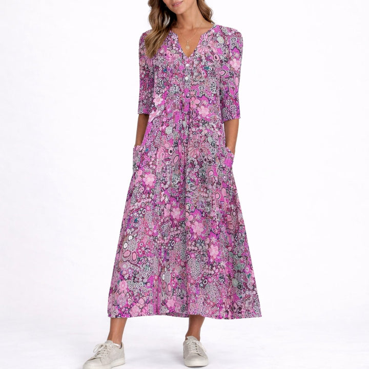 Women's Floral Midi Fall Wedding Guest Dresses V-Neck Three-Quarter Sleeve - Purple