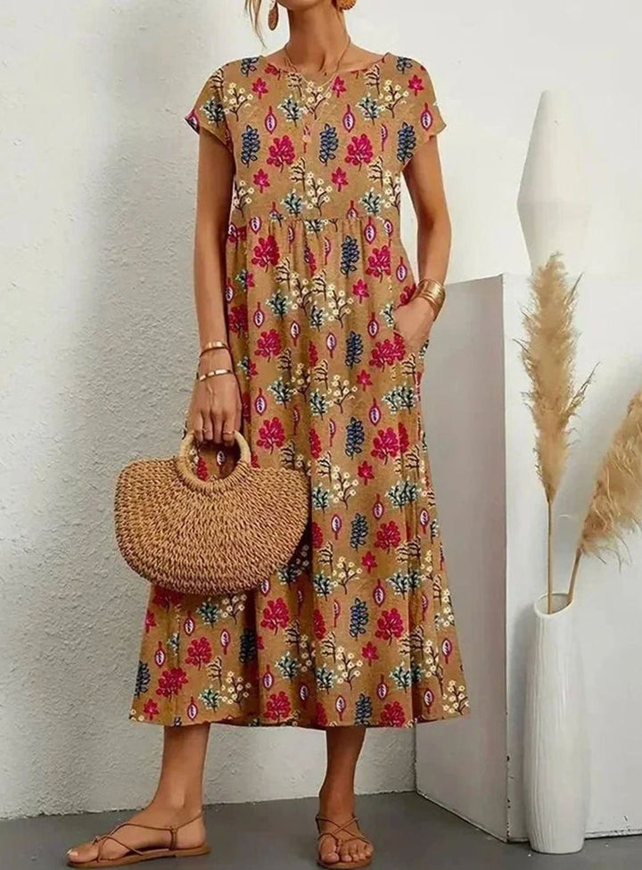 Women's Floral Midi Sundress Short-Sleeve Cotton Dress Pockets