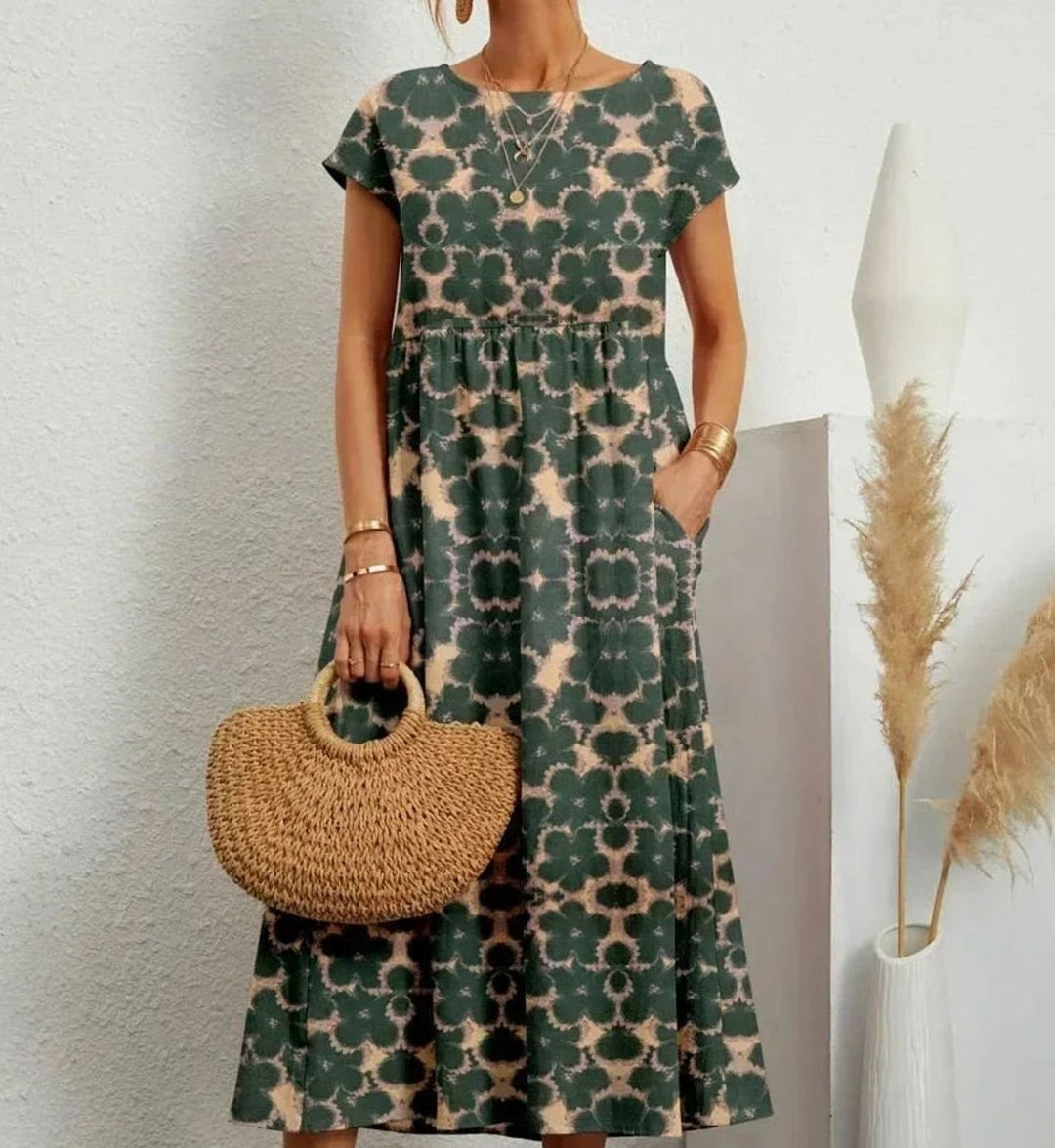 Women's Floral Midi Sundress Short-Sleeve Cotton Dress Pockets - Green