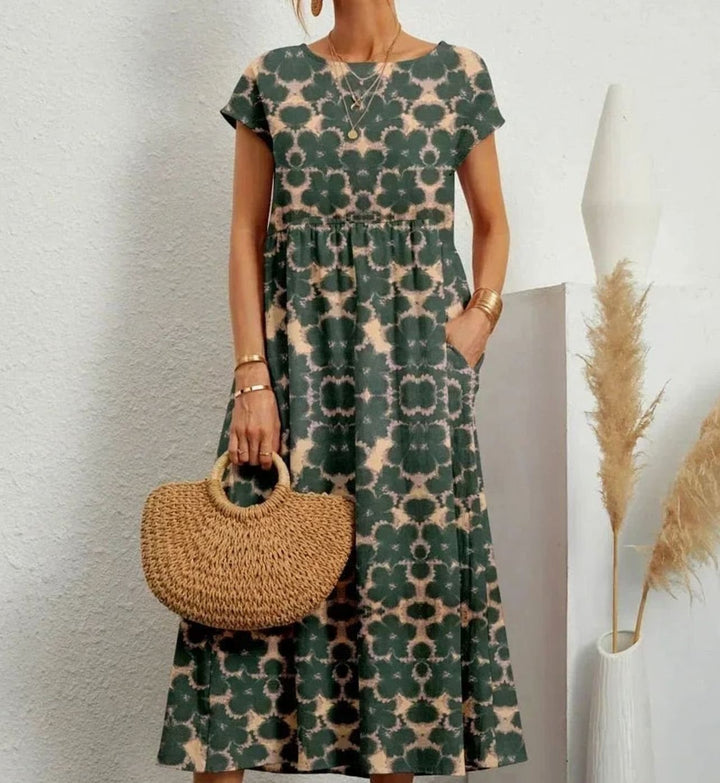 Women's Floral Midi Sundress Short-Sleeve Cotton Dress Pockets - Green
