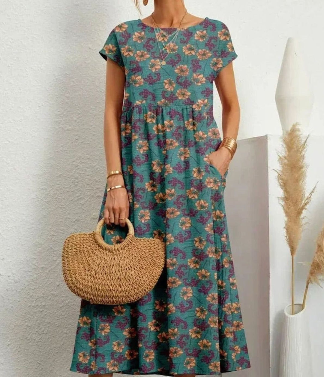Women's Floral Midi Sundress Short-Sleeve Cotton Dress Pockets - Blue