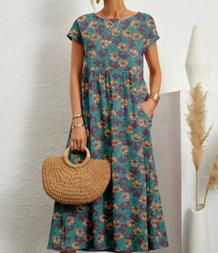 Women's Floral Midi Sundress Short-Sleeve Cotton Dress Pockets - Blue
