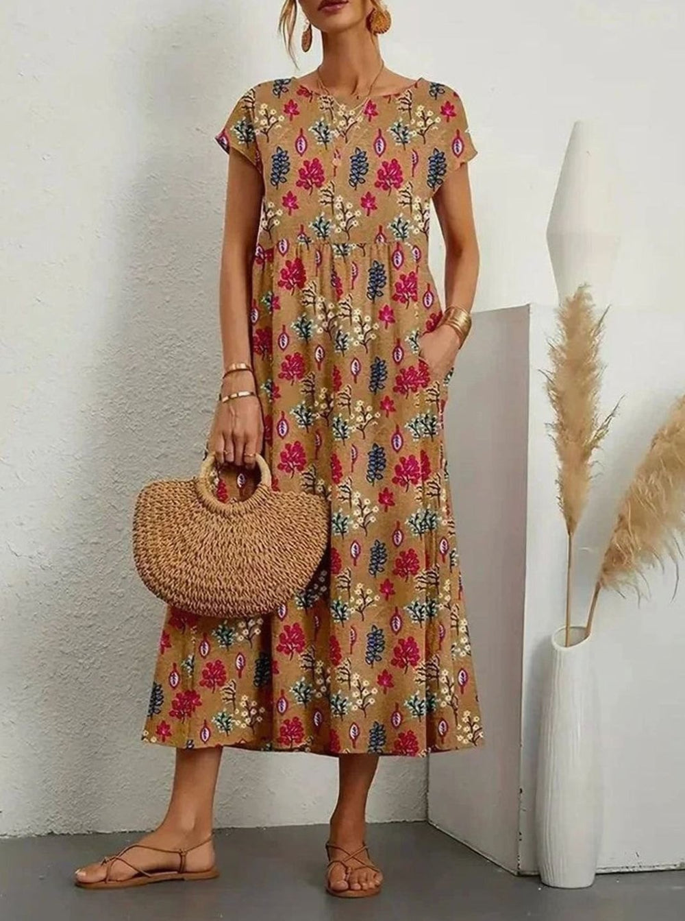 Women's Floral Midi Sundress Short-Sleeve Cotton Dress Pockets - Brown
