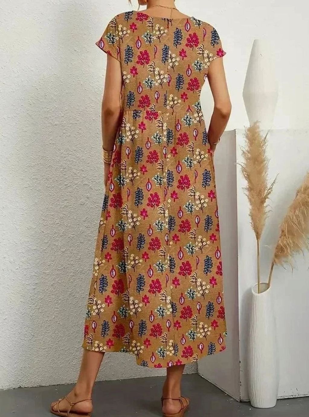 Women's Floral Midi Sundress Short-Sleeve Cotton Dress Pockets
