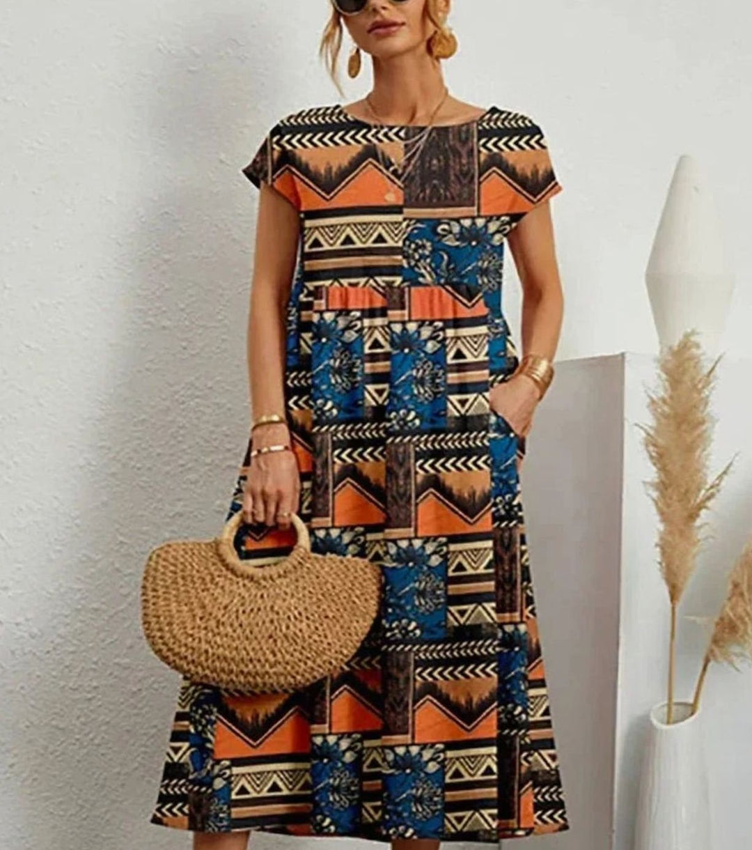 Women's Floral Midi Sundress Short-Sleeve Cotton Dress Pockets - Orange