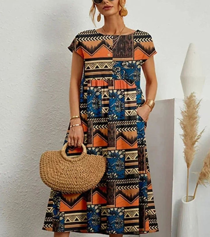 Women's Floral Midi Sundress Short-Sleeve Cotton Dress Pockets - Orange