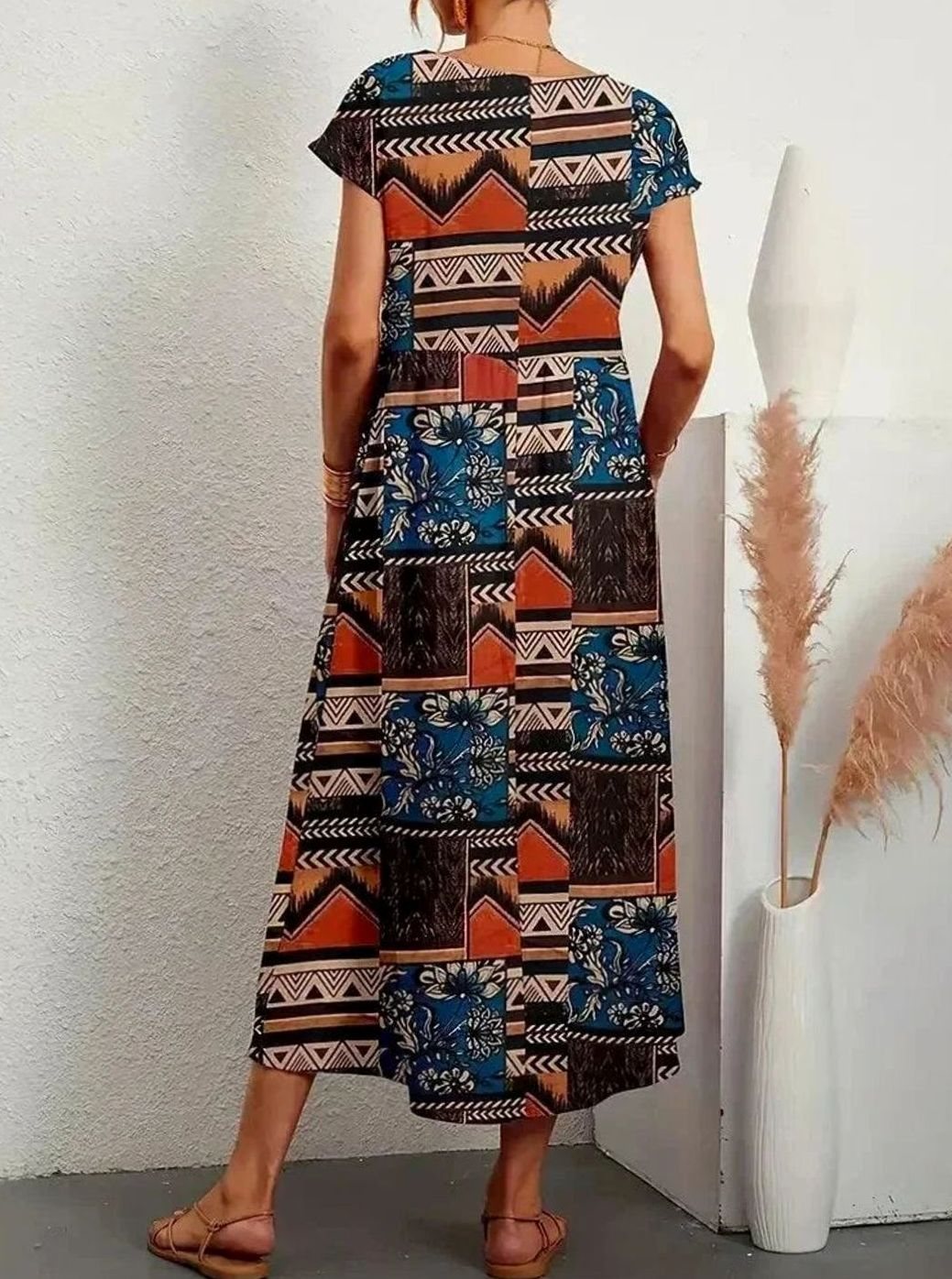 Women's Floral Midi Sundress Short-Sleeve Cotton Dress Pockets