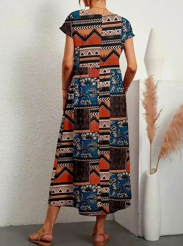 Women's Floral Midi Sundress Short-Sleeve Cotton Dress Pockets