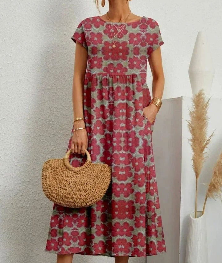 Women's Floral Midi Sundress Short-Sleeve Cotton Dress Pockets - Red