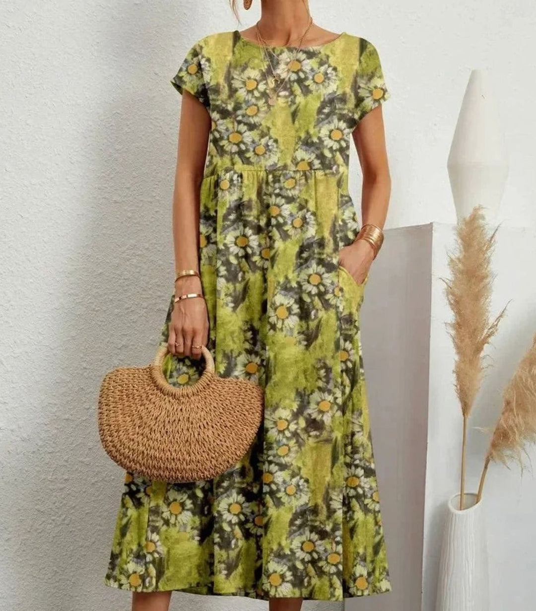Women's Floral Midi Sundress Short-Sleeve Cotton Dress Pockets - Light Green