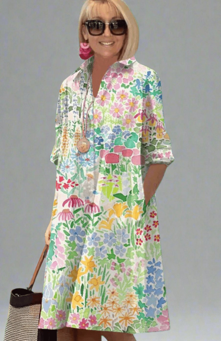 Women's Floral Multicolour Midi Cocktail Dress Collared Shift - Multicoloured Floral