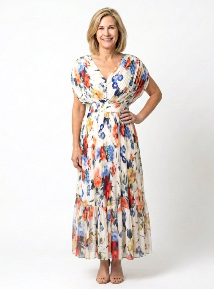 Women's Floral Pleated V-Neck Short Sleeve Midi Spring Dress - Multicolor