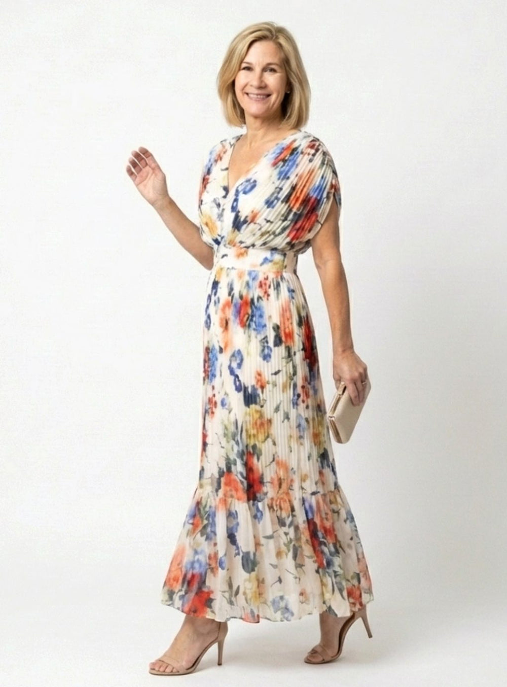 Women's Floral Pleated V-Neck Short Sleeve Midi Spring Dress