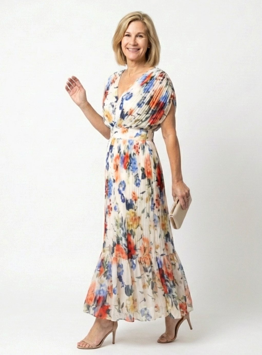 Women's Floral Pleated V-Neck Short Sleeve Midi Spring Dress