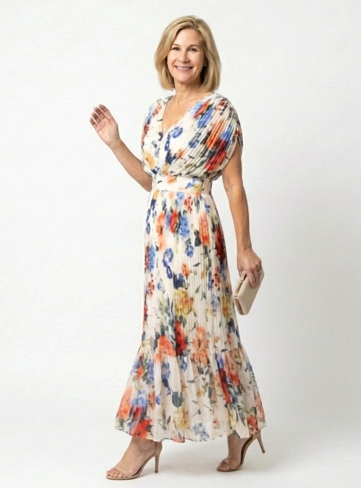 Women's Floral Pleated V-Neck Short Sleeve Midi Spring Dress