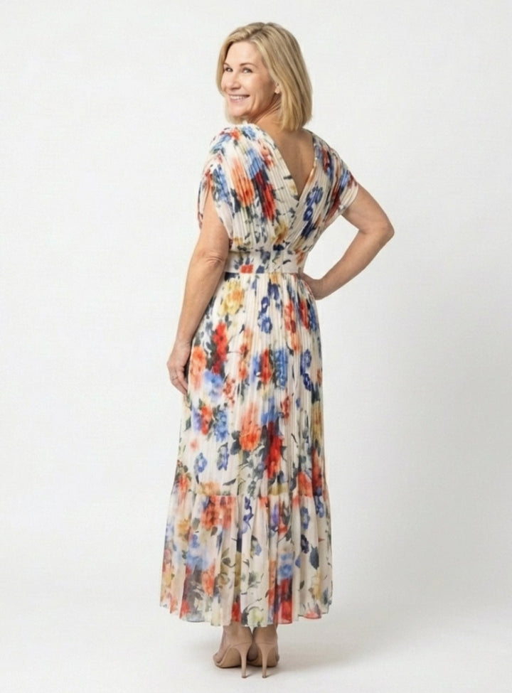 Women's Floral Pleated V-Neck Short Sleeve Midi Spring Dress