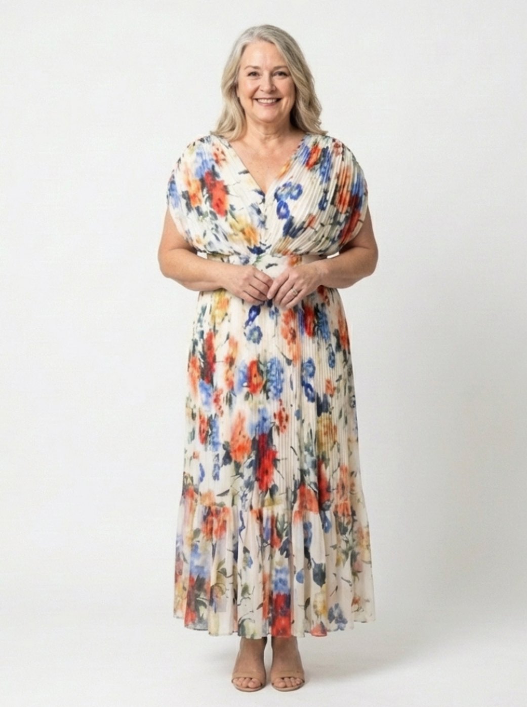 Women's Floral Pleated V-Neck Short Sleeve Midi Spring Dress