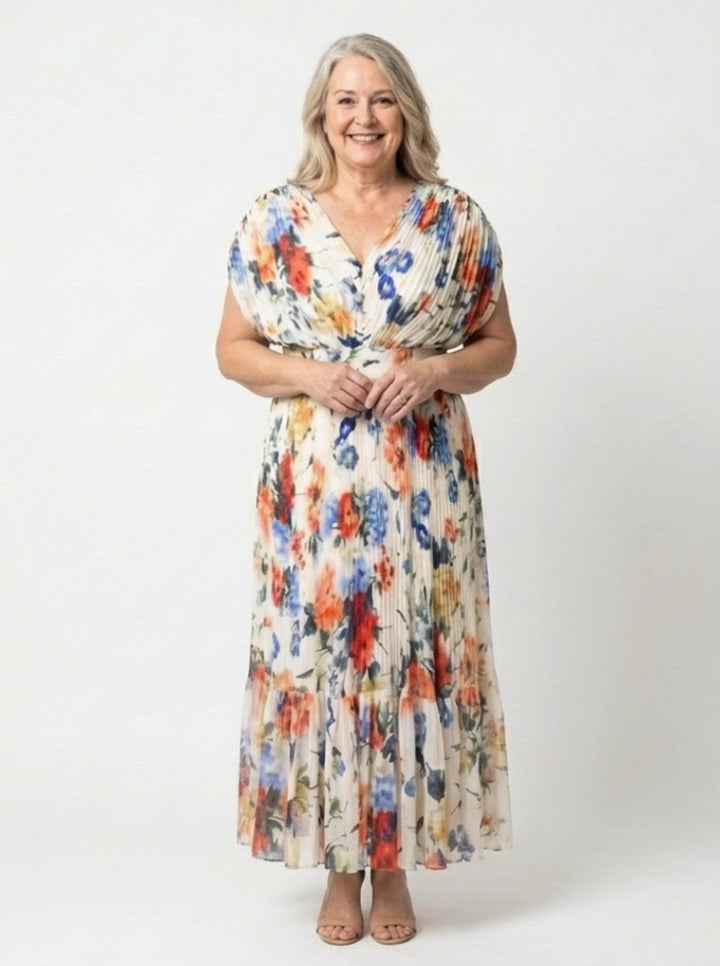 Women's Floral Pleated V-Neck Short Sleeve Midi Spring Dress