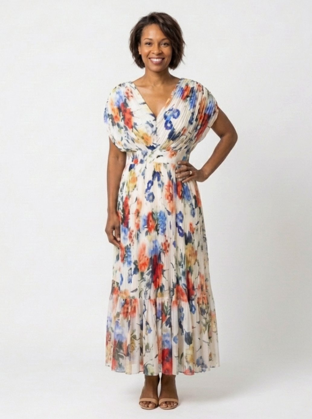 Women's Floral Pleated V-Neck Short Sleeve Midi Spring Dress