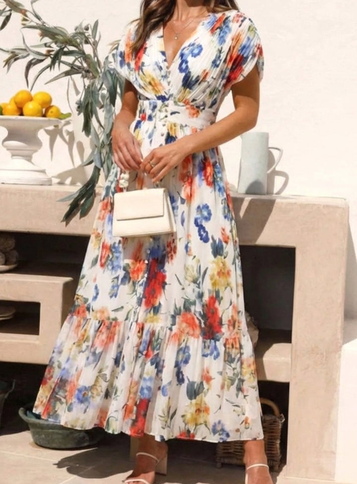 Women's Floral Pleated V-Neck Short Sleeve Midi Spring Dress
