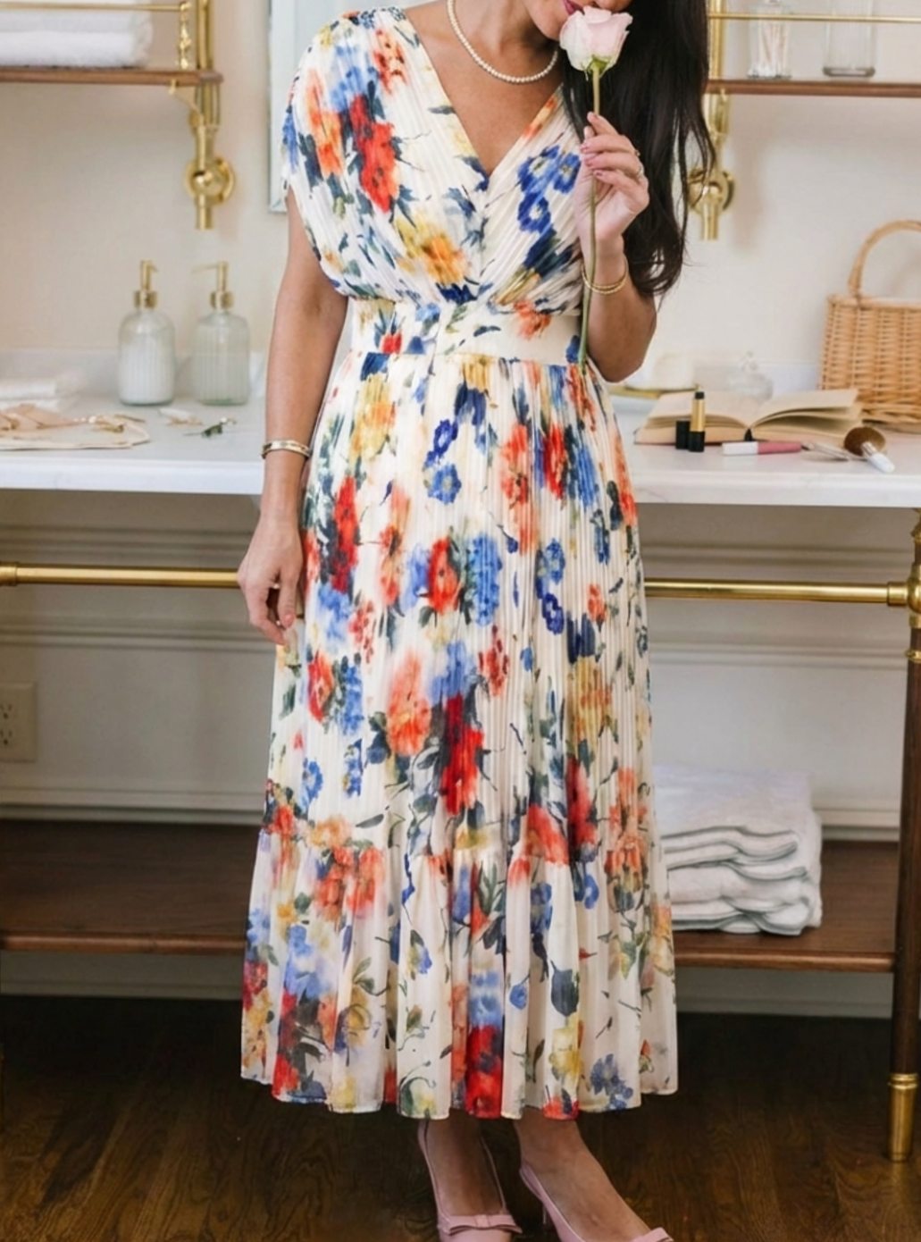 Women's Floral Pleated V-Neck Short Sleeve Midi Spring Dress