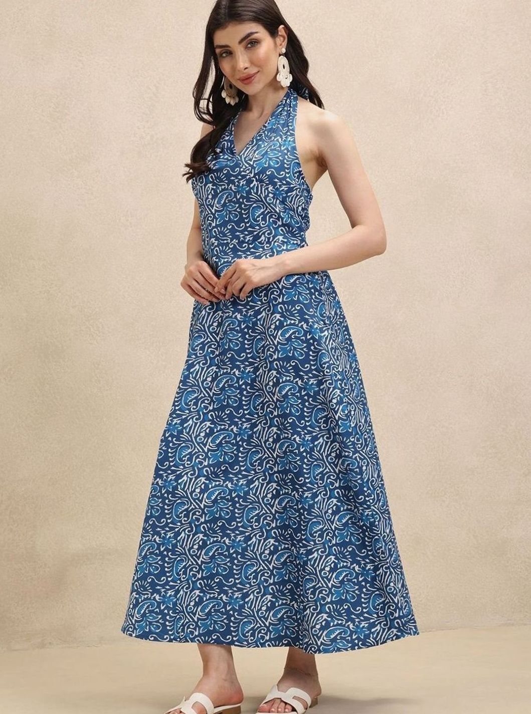 Women's Floral Print Halter-Neck A-Line Maxi Dress