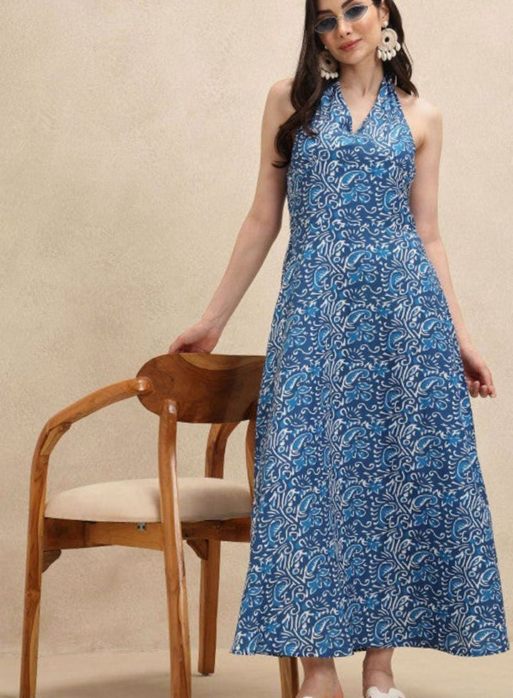 Women's Floral Print Halter-Neck A-Line Maxi Dress