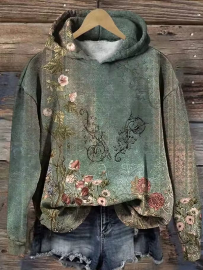 Women's Floral Print Relaxed-Fit Hooded Knit Sweater